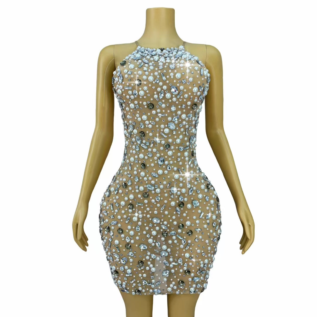 CELESINYI Bingchuan Crystal Pearl Mini Dress