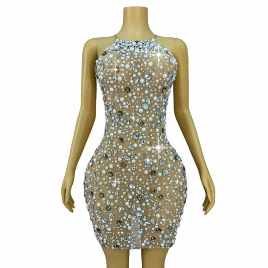 CELESINYI Bingchuan Crystal Pearl Mini Dress