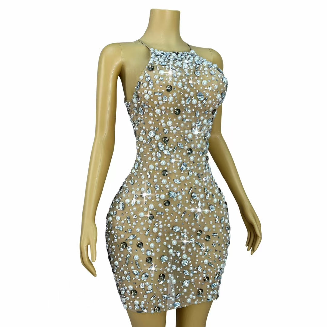 CELESINYI Bingchuan Crystal Pearl Mini Dress