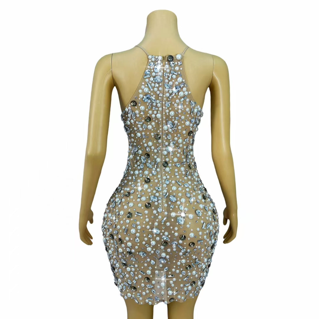 CELESINYI Bingchuan Crystal Pearl Mini Dress