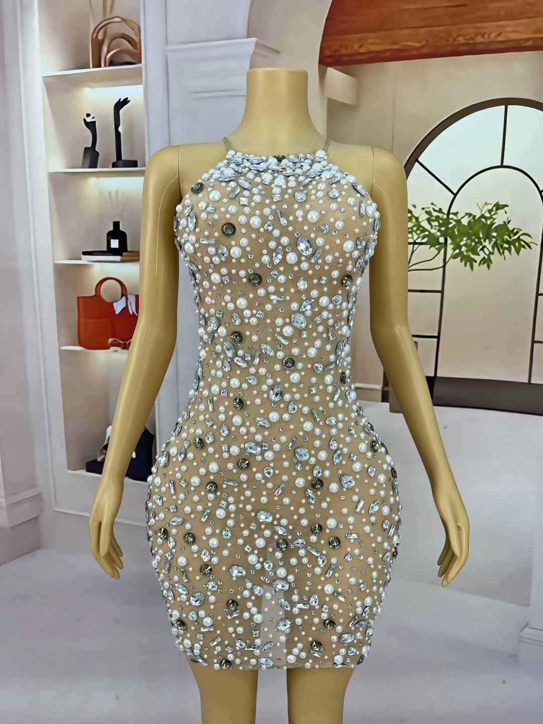 CELESINYI Bingchuan Crystal Pearl Mini Dress