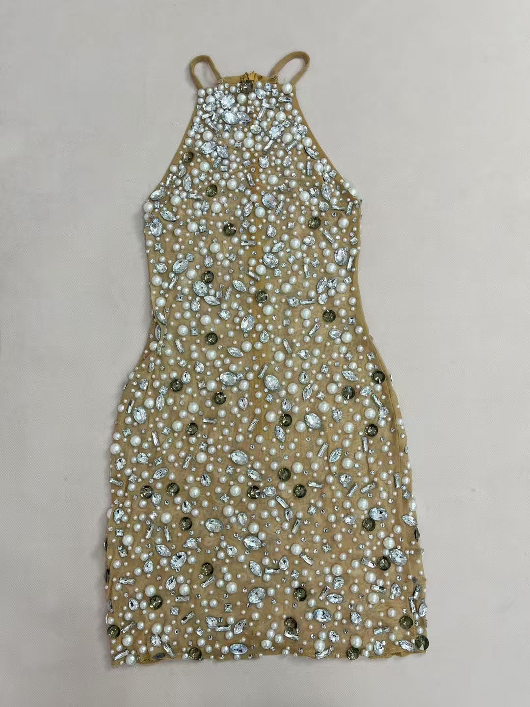 CELESINYI Bingchuan Crystal Pearl Mini Dress