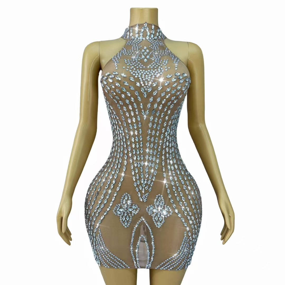 CELESINYI Heliye Crystal Pendant Mini Dress