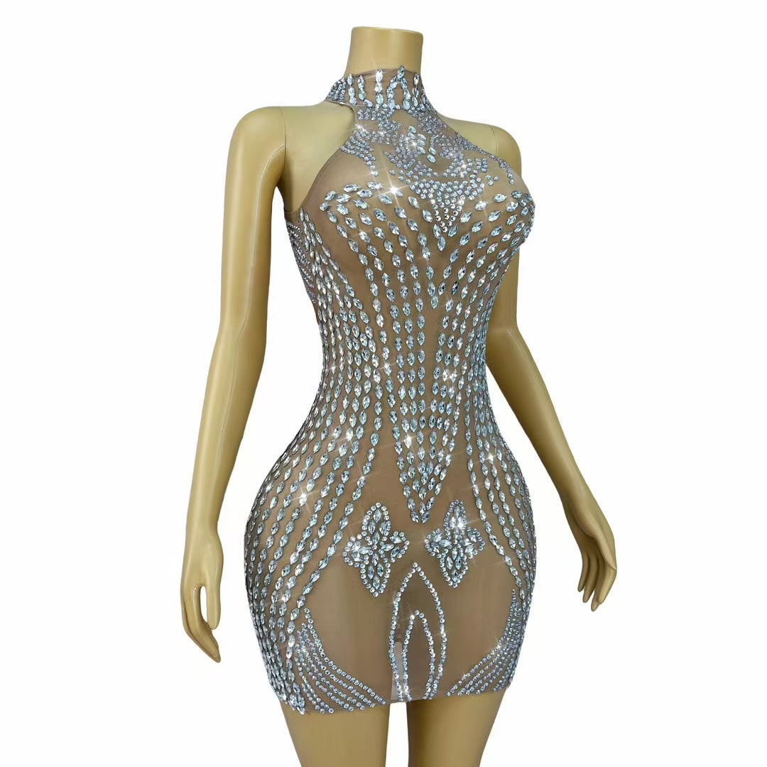 CELESINYI Heliye Crystal Pendant Mini Dress