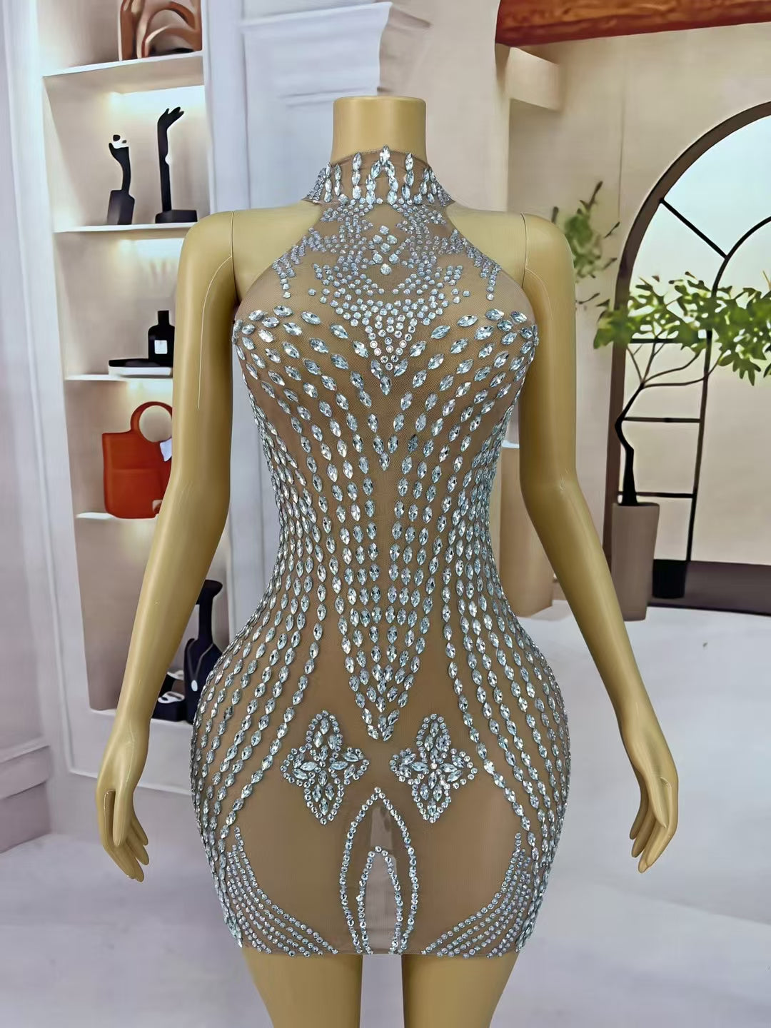 CELESINYI Heliye Crystal Pendant Mini Dress