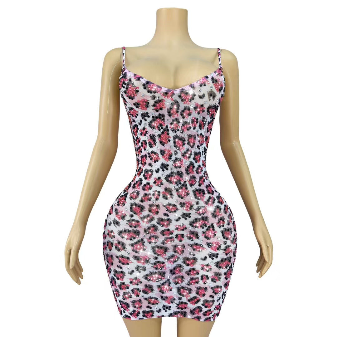 CELESINYI Fenhongbao Crystal Leopard Mini Dress