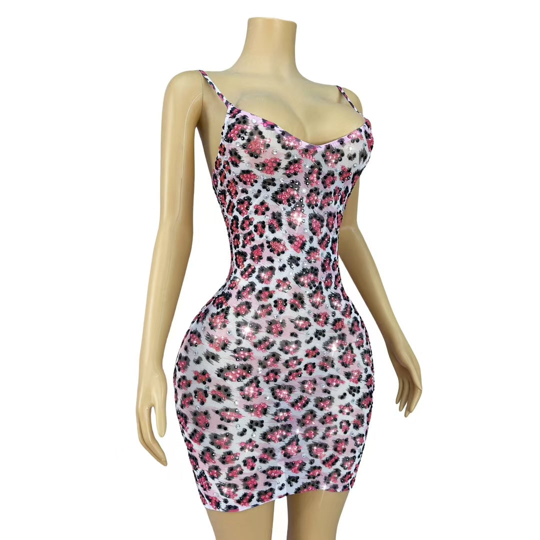 CELESINYI Fenhongbao Crystal Leopard Mini Dress