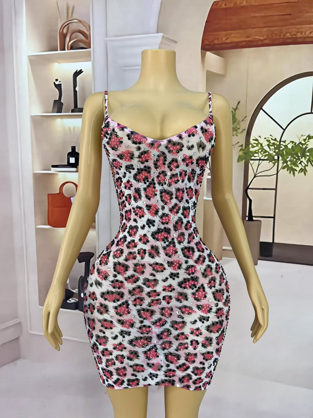 CELESINYI Fenhongbao Crystal Leopard Mini Dress