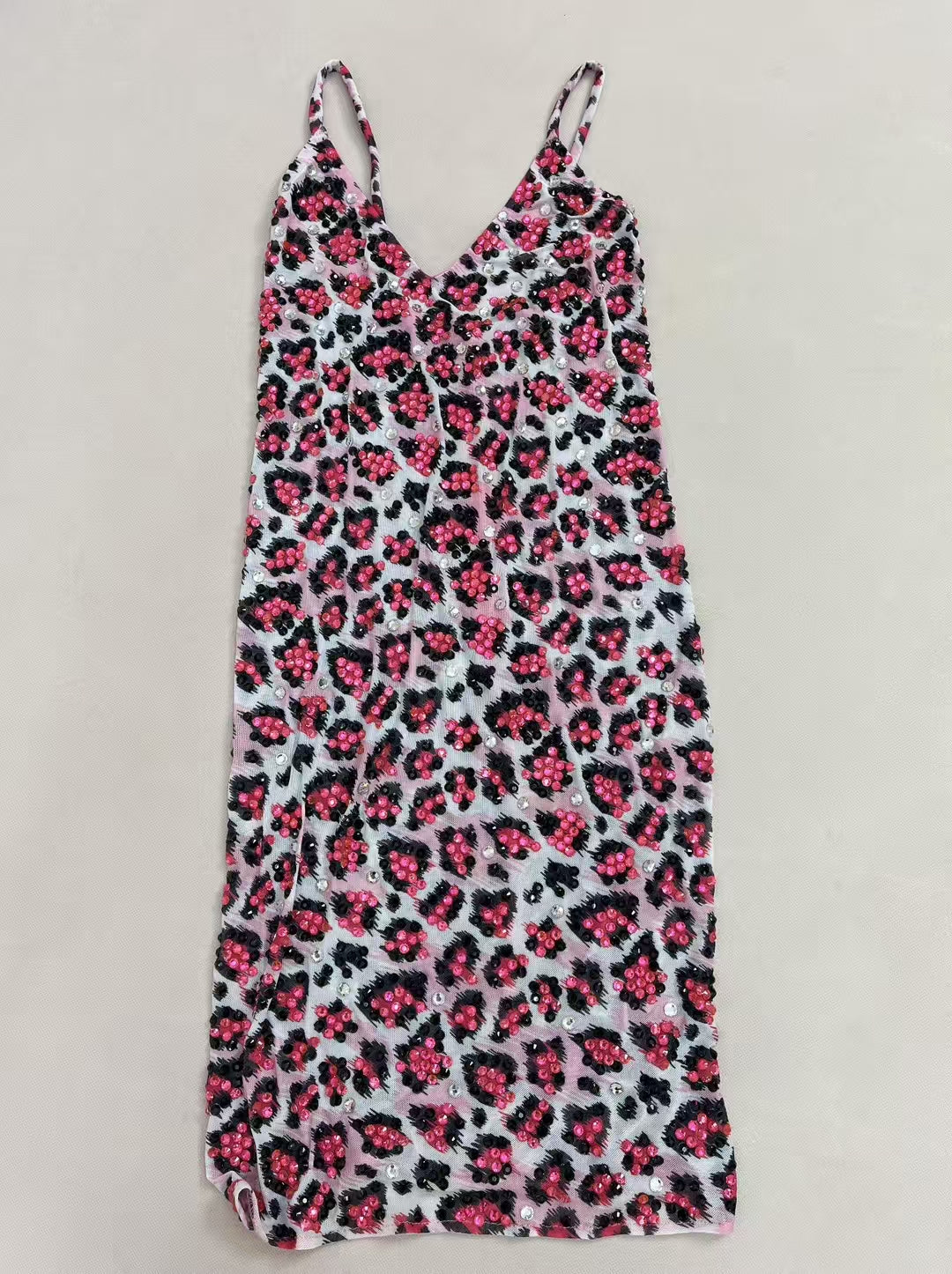 CELESINYI Fenhongbao Crystal Leopard Mini Dress