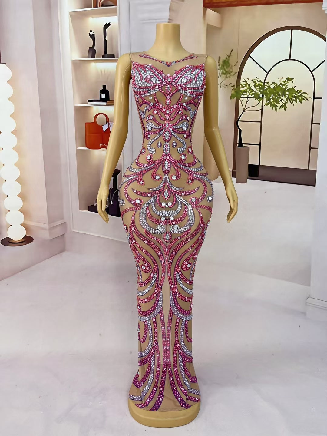 CELESINYI Fendai Crystal Orchid Mini Dress