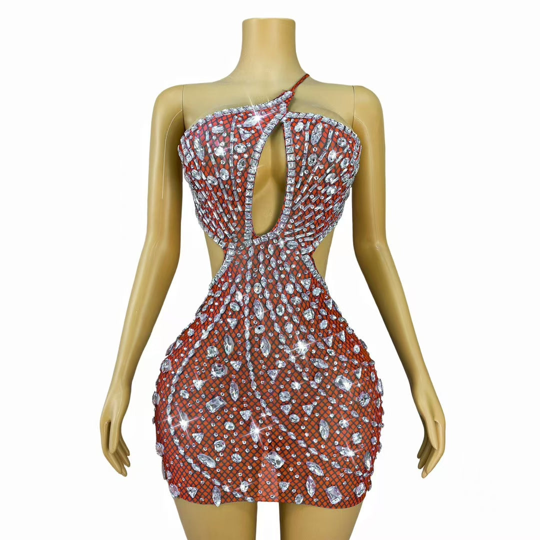CELESINYI Juanlian Crystal Red One Shoulder Mini Dress
