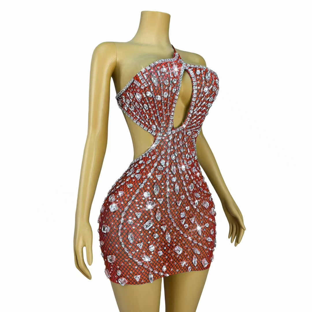 CELESINYI Juanlian Crystal Red One Shoulder Mini Dress