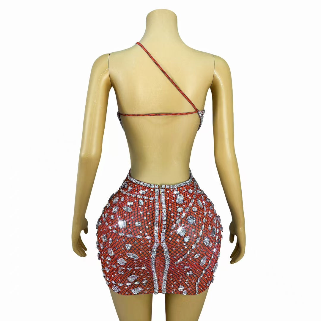 CELESINYI Juanlian Crystal Red One Shoulder Mini Dress