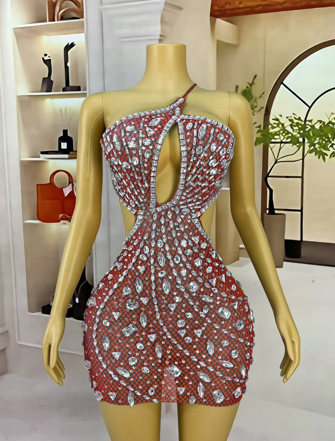 CELESINYI Juanlian Crystal Red One Shoulder Mini Dress