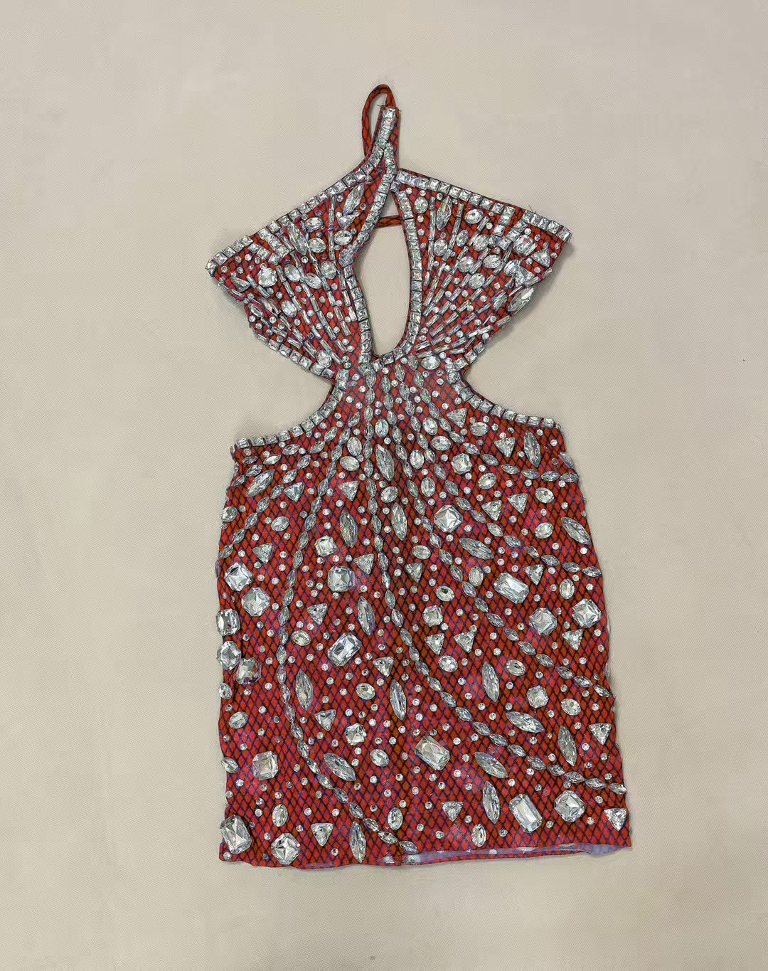 CELESINYI Juanlian Crystal Red One Shoulder Mini Dress