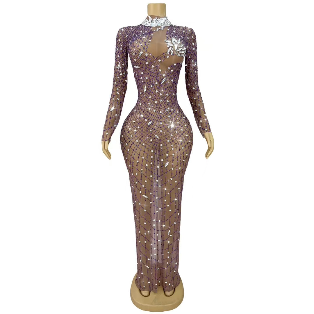 CELESINYI Liuye Crystal Mesh Grid Long Sleeve Gown