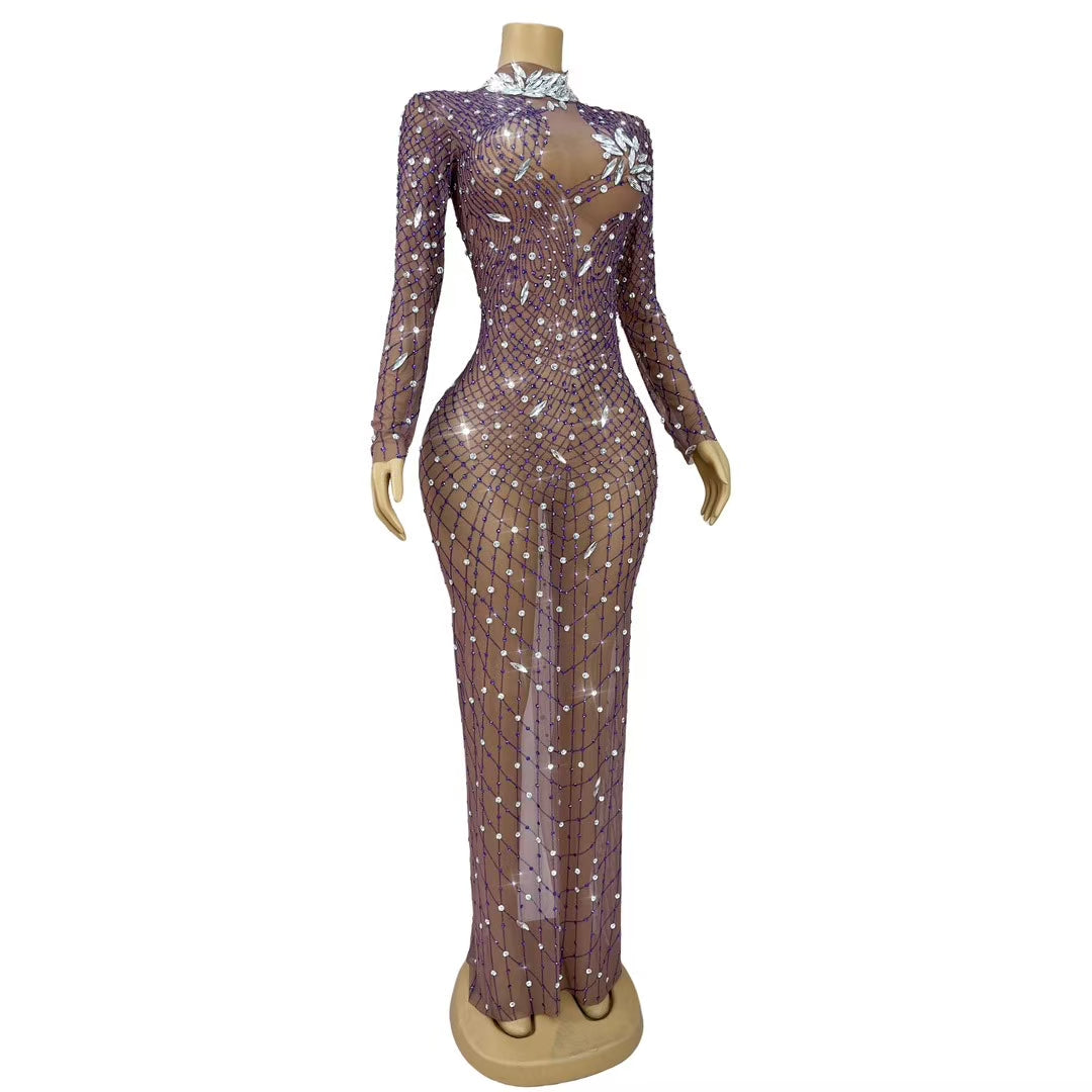 CELESINYI Liuye Crystal Mesh Grid Long Sleeve Gown