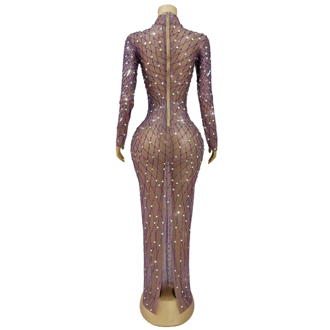 CELESINYI Liuye Crystal Mesh Grid Long Sleeve Gown