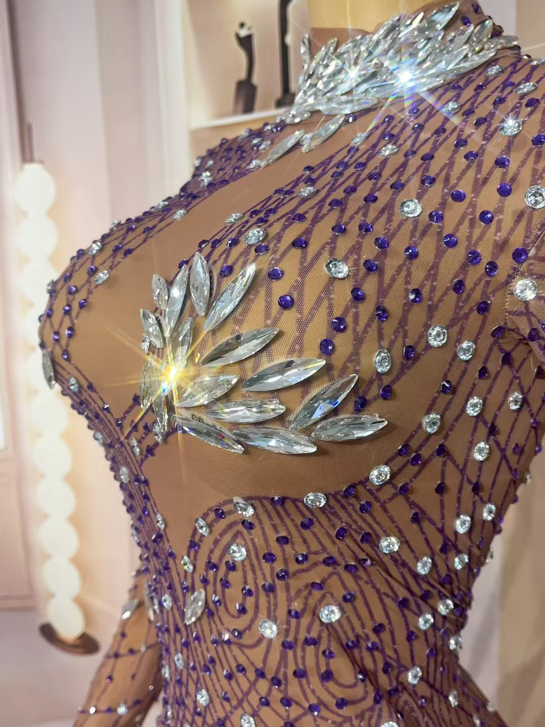 CELESINYI Liuye Crystal Mesh Grid Long Sleeve Gown