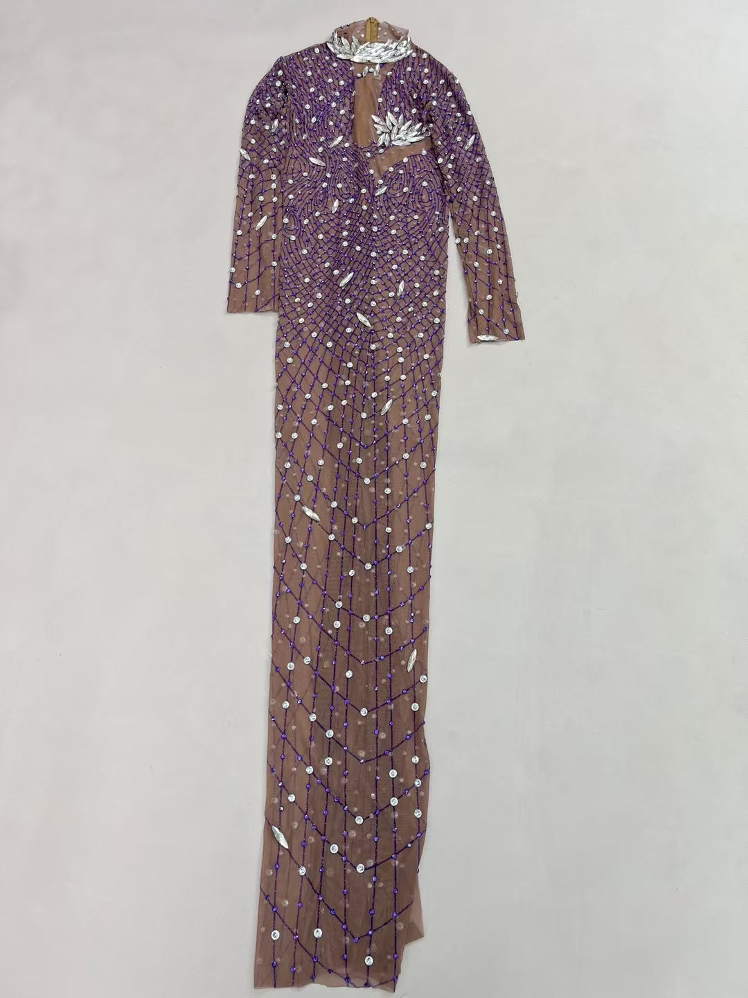 CELESINYI Liuye Crystal Mesh Grid Long Sleeve Gown