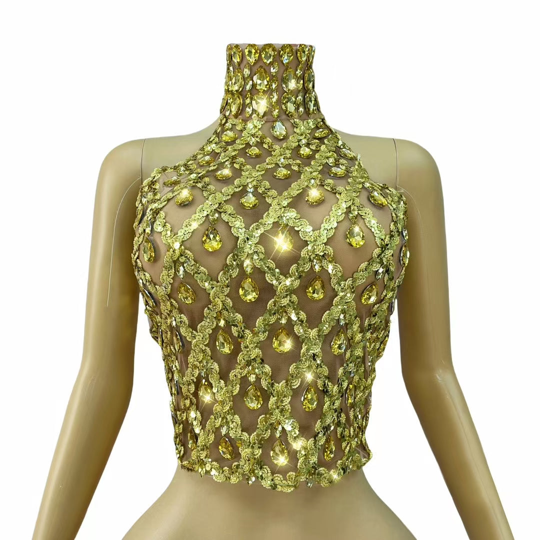 CELESINYI Shaokaoji Crystal Grid Crop Top (Gold)