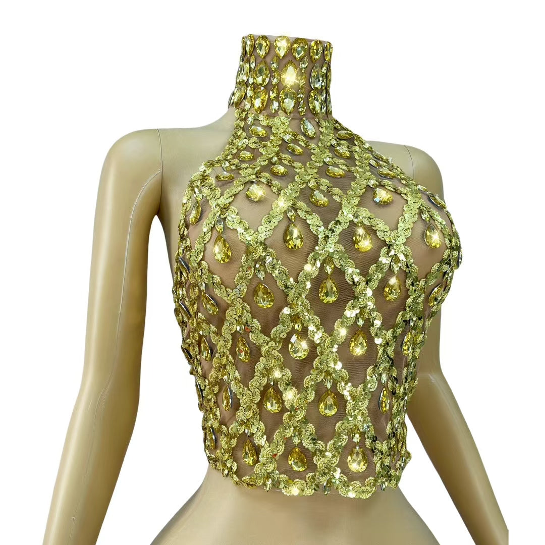 CELESINYI Shaokaoji Crystal Grid Crop Top (Gold)
