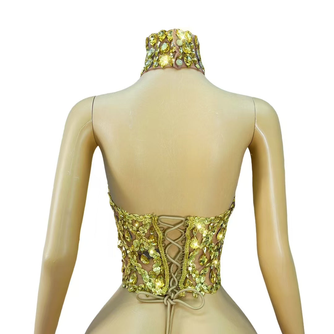 CELESINYI Shaokaoji Crystal Grid Crop Top (Gold)