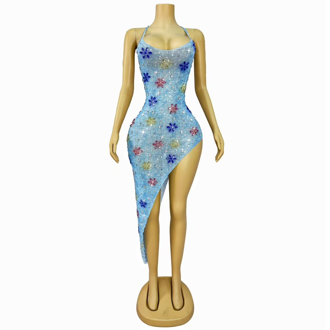 CELESINYI Shuijing Crystal Blue Asymmetric Mini Dress