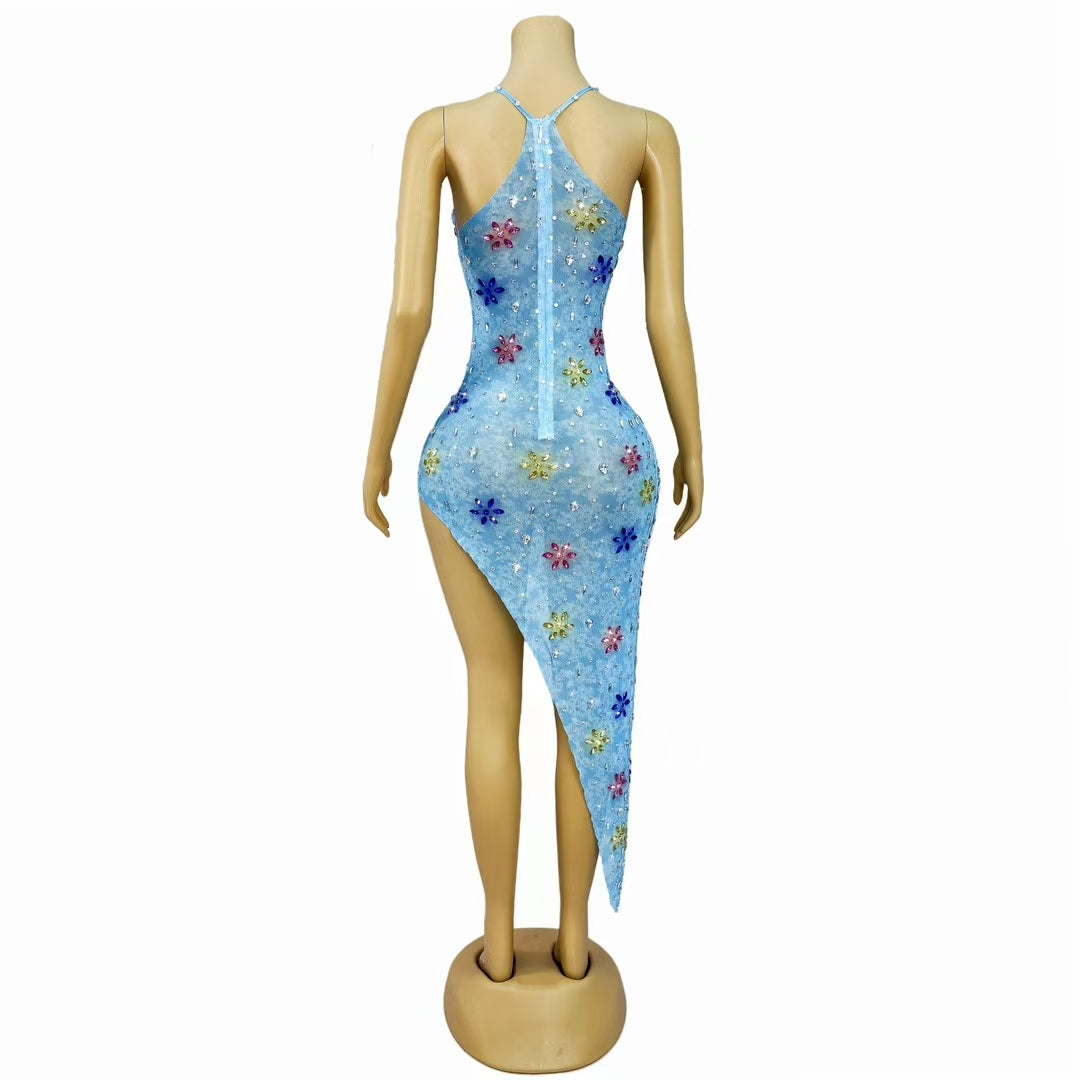 CELESINYI Shuijing Crystal Blue Asymmetric Mini Dress