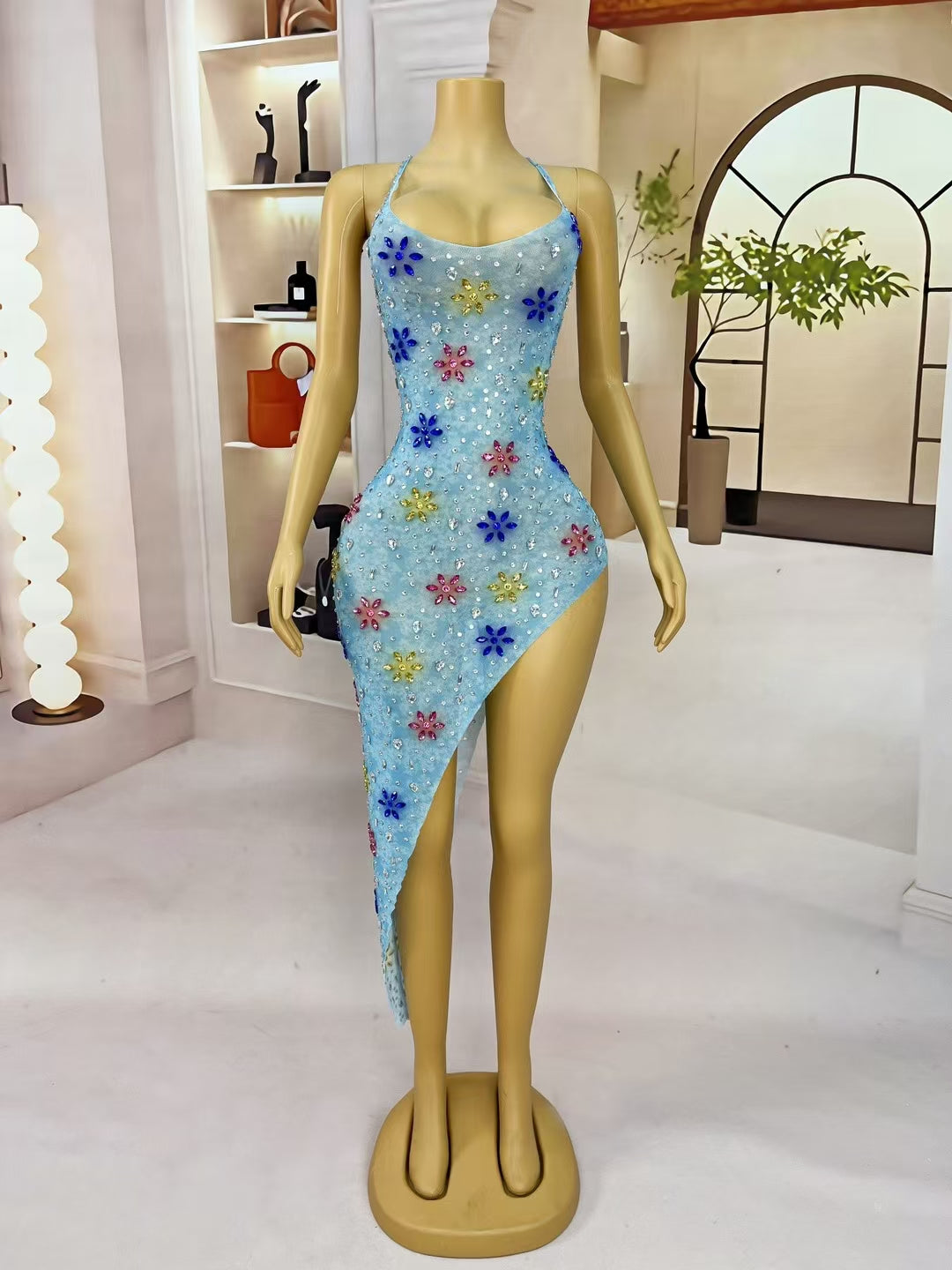 CELESINYI Shuijing Crystal Blue Asymmetric Mini Dress