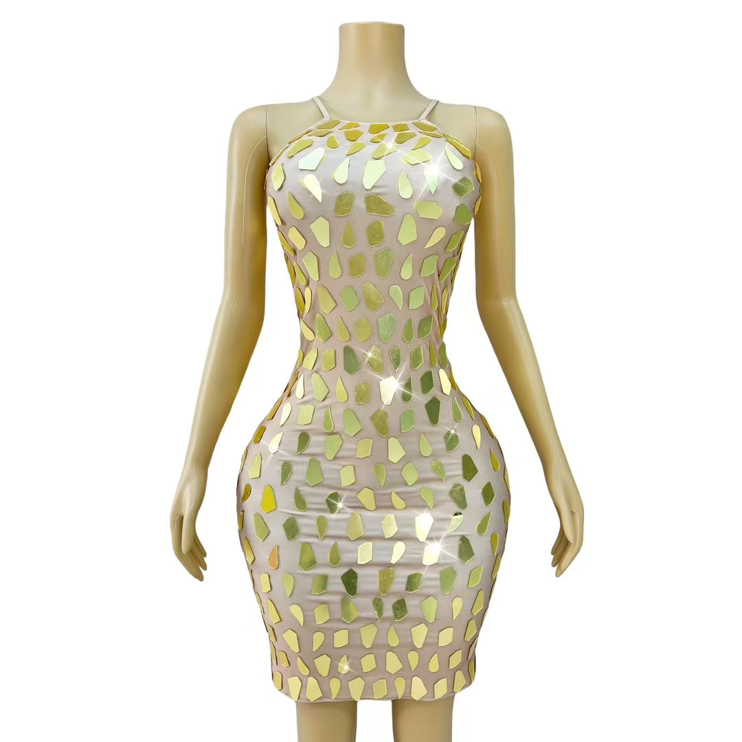 CELESINYI Sanjing Crystal Mirror Mini Dress