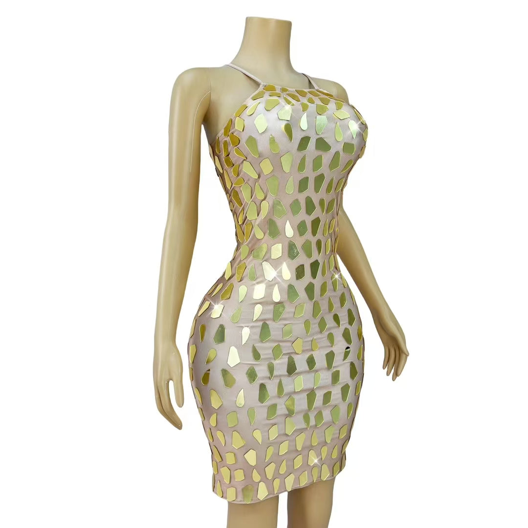 CELESINYI Sanjing Crystal Mirror Mini Dress
