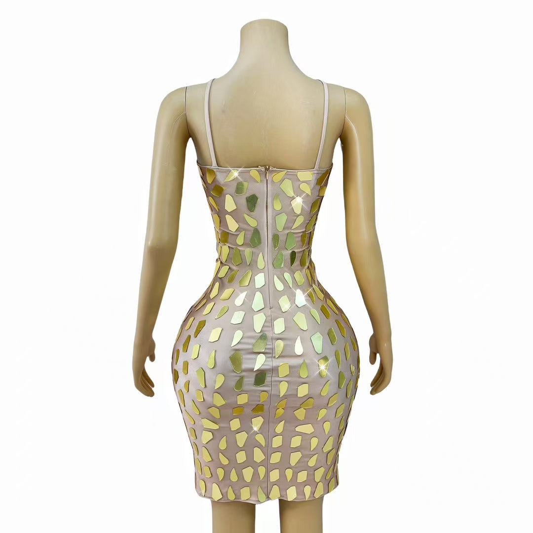 CELESINYI Sanjing Crystal Mirror Mini Dress
