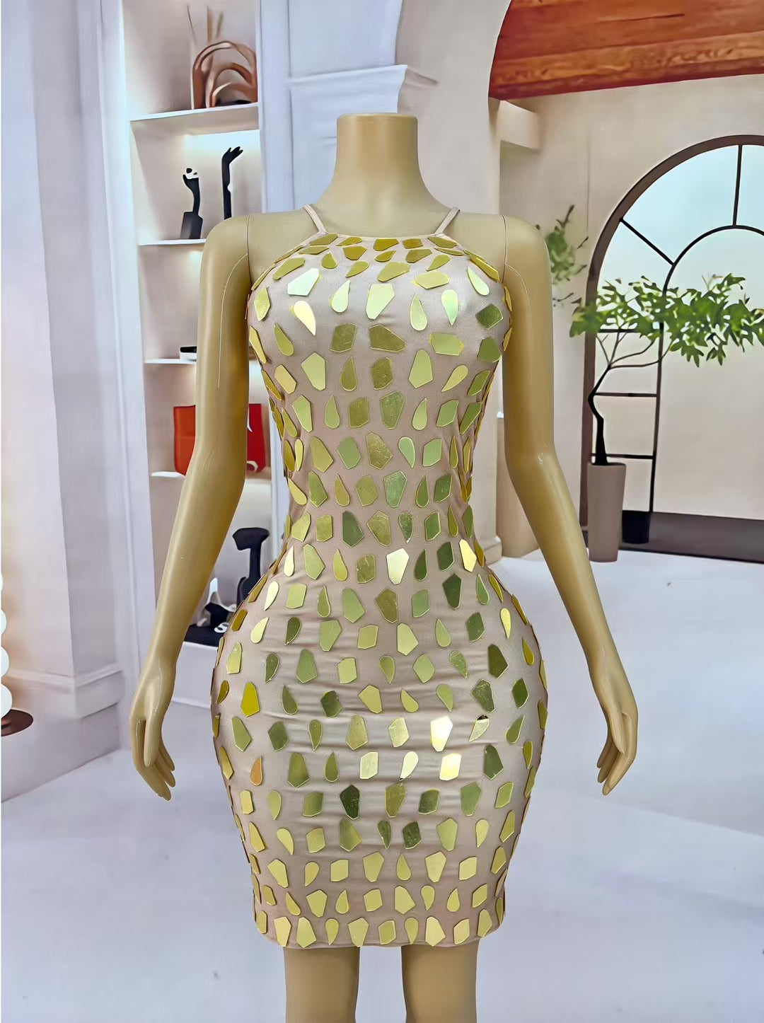 CELESINYI Sanjing Crystal Mirror Mini Dress
