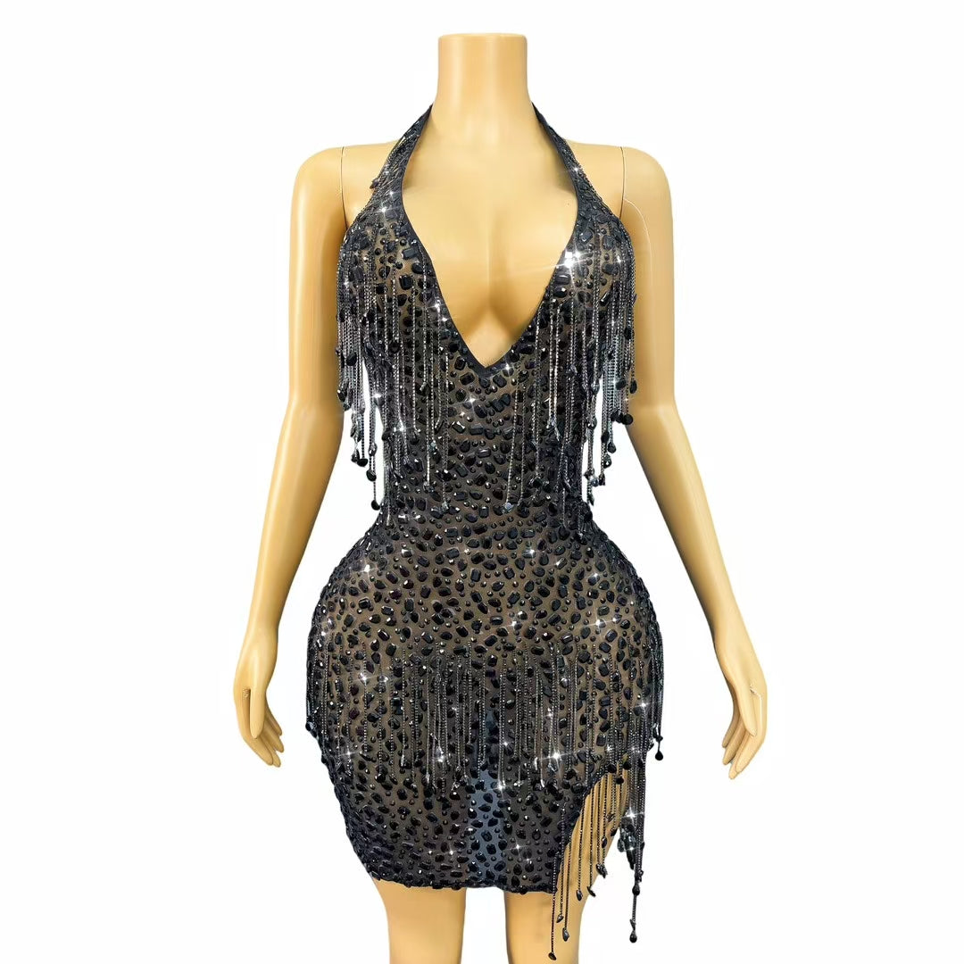 CELESINYI Wulong Crystal Chain Mini Dress
