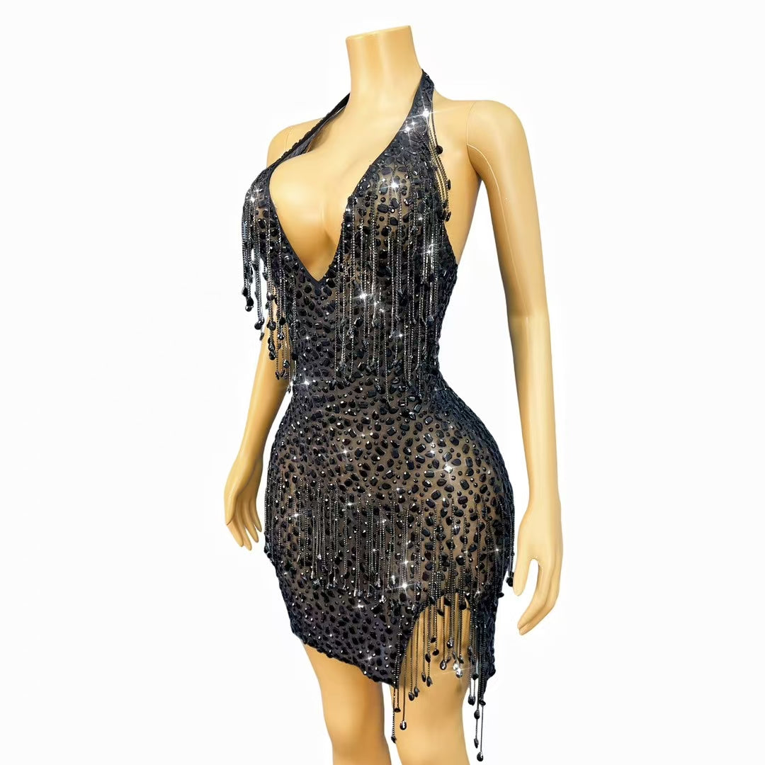 CELESINYI Wulong Crystal Chain Mini Dress