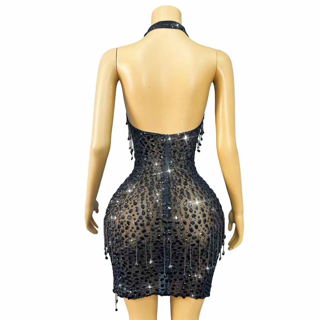 CELESINYI Wulong Crystal Chain Mini Dress