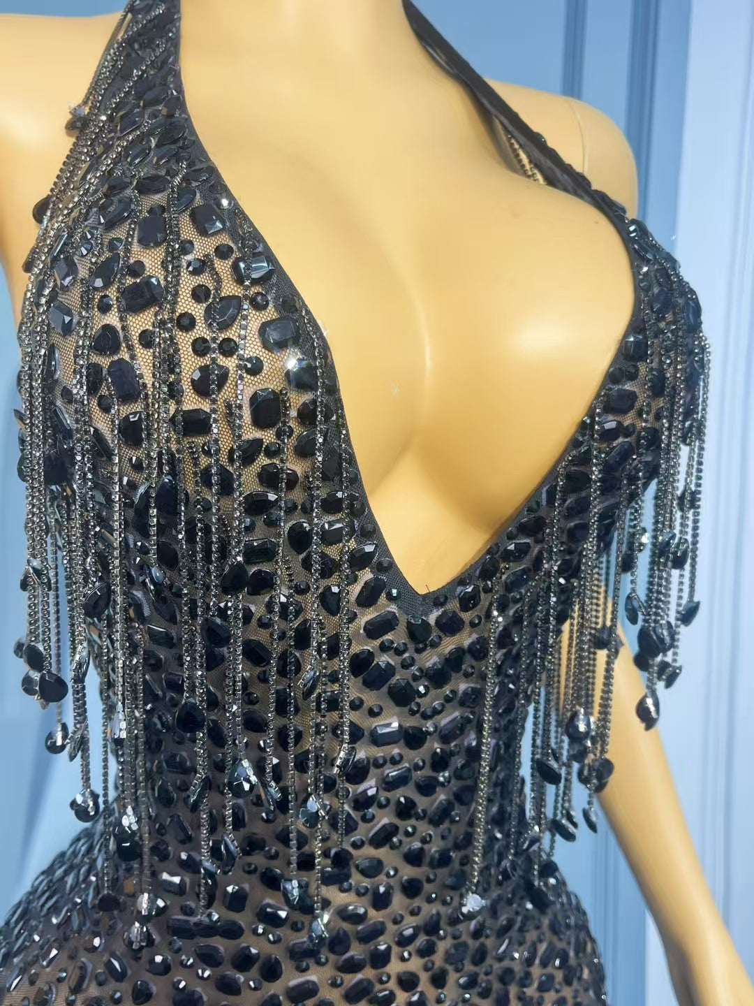 CELESINYI Wulong Crystal Chain Mini Dress
