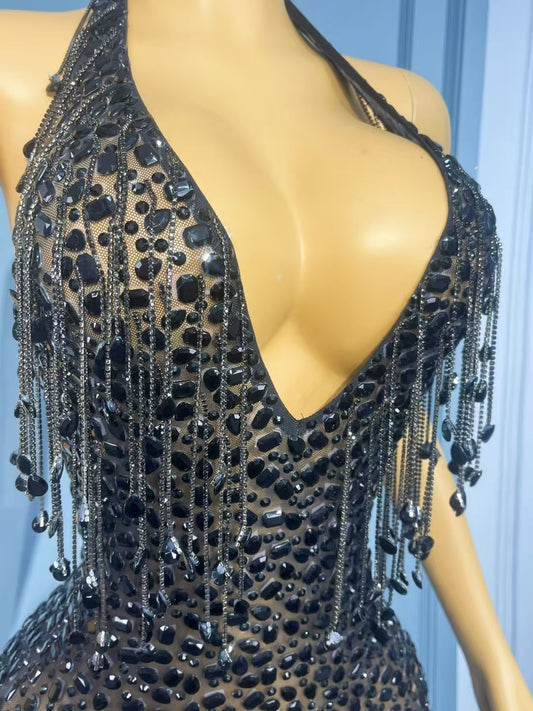 CELESINYI Wulong Crystal Chain Mini Dress