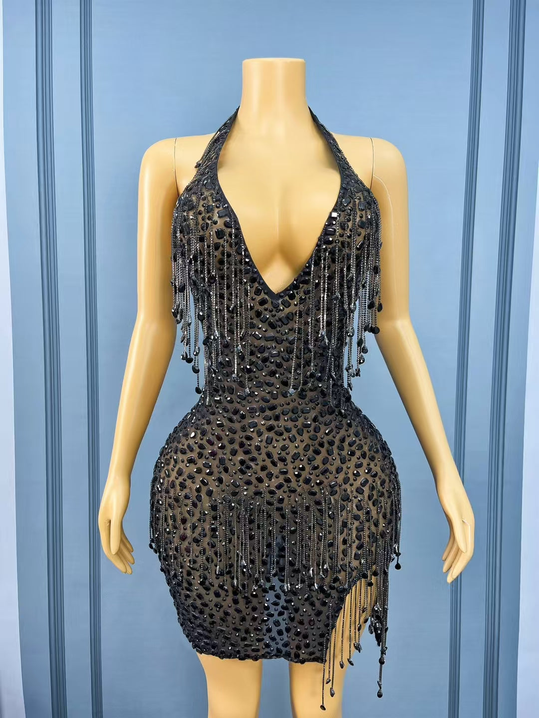 CELESINYI Wulong Crystal Chain Mini Dress