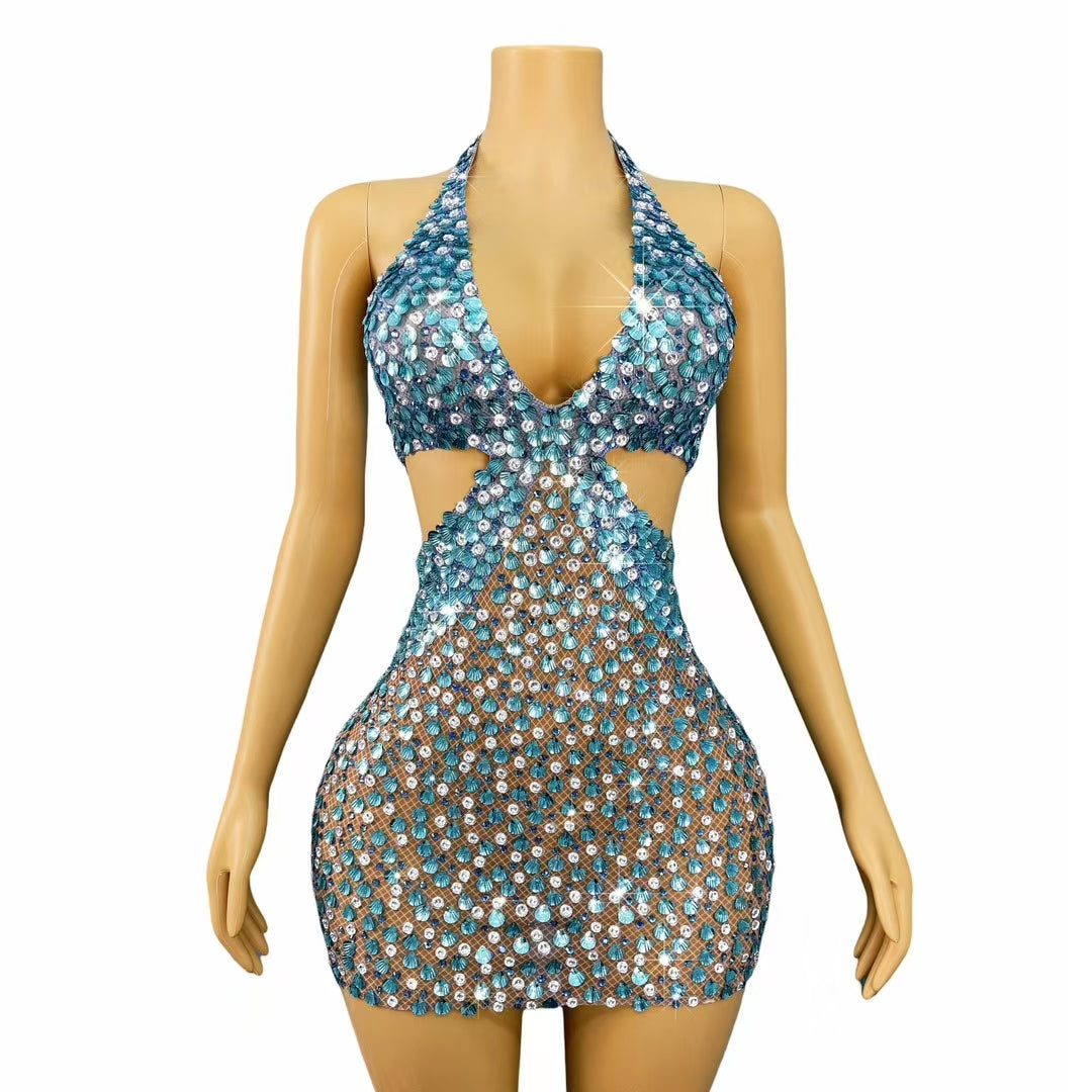 CELESINYI Beiduofen Crystal Shell Mini Dress