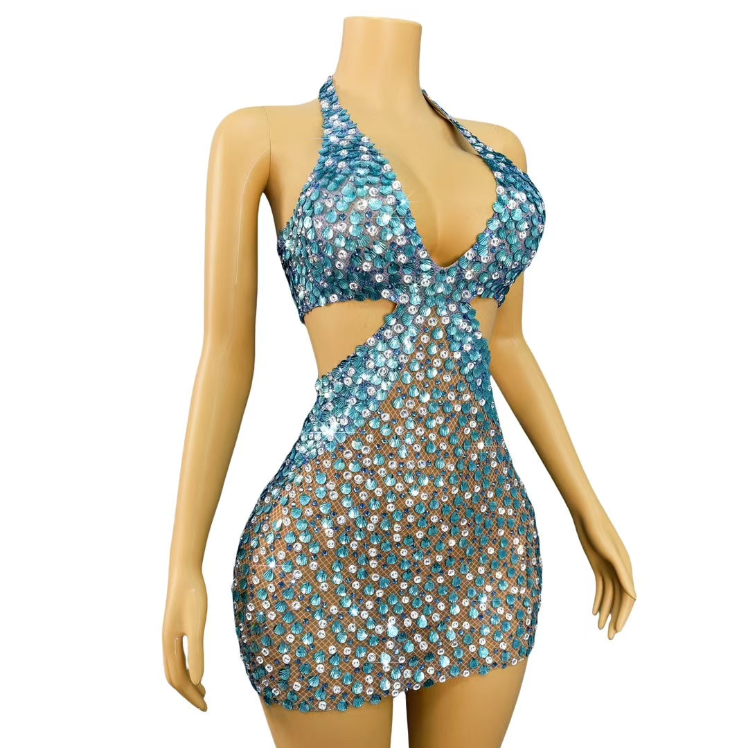 CELESINYI Beiduofen Crystal Shell Mini Dress