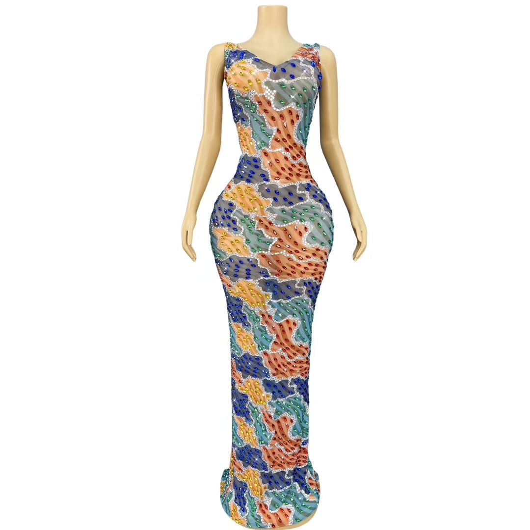 CELESINYI Bolangban Crystal Rainbow Mini Dress