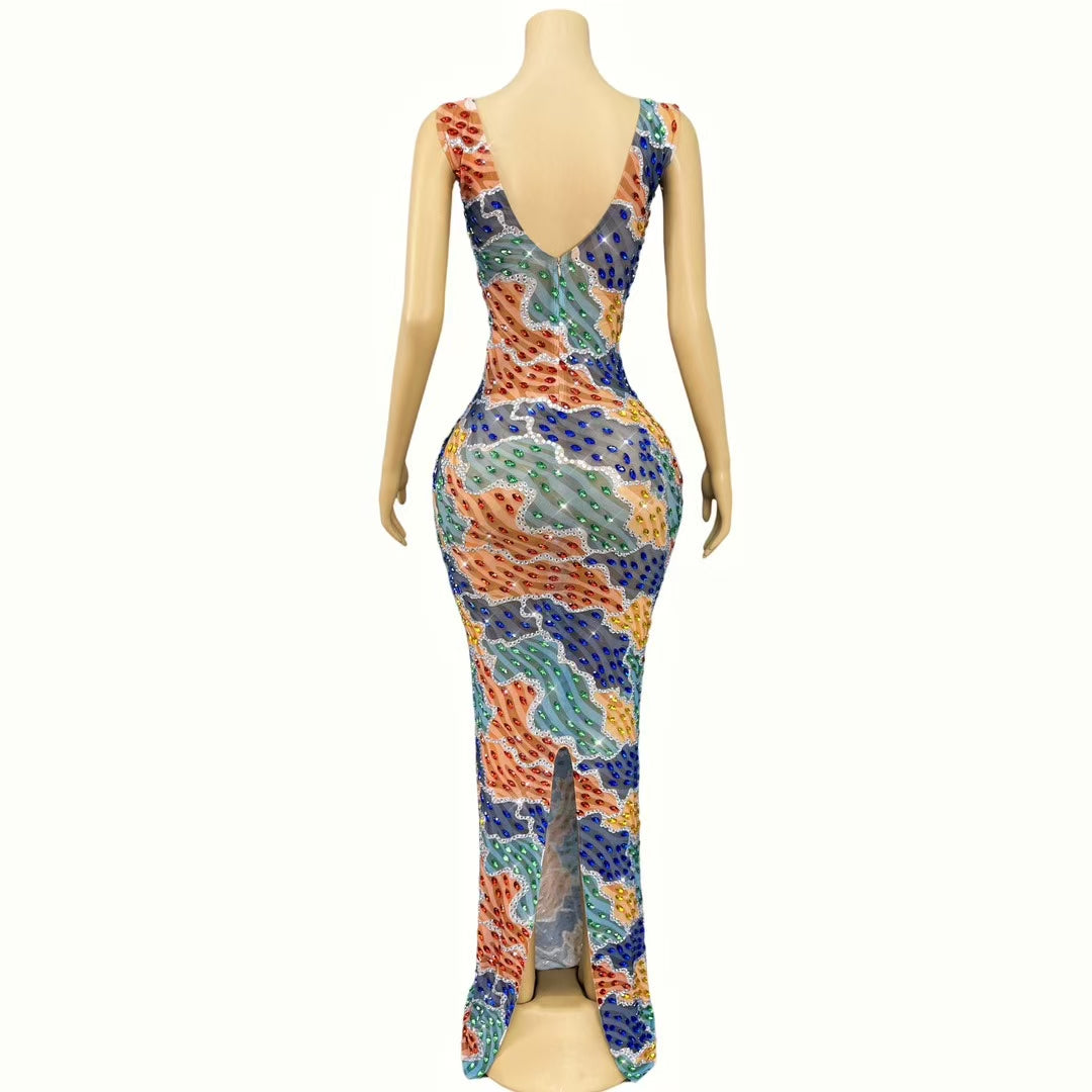 CELESINYI Bolangban Crystal Rainbow Mini Dress