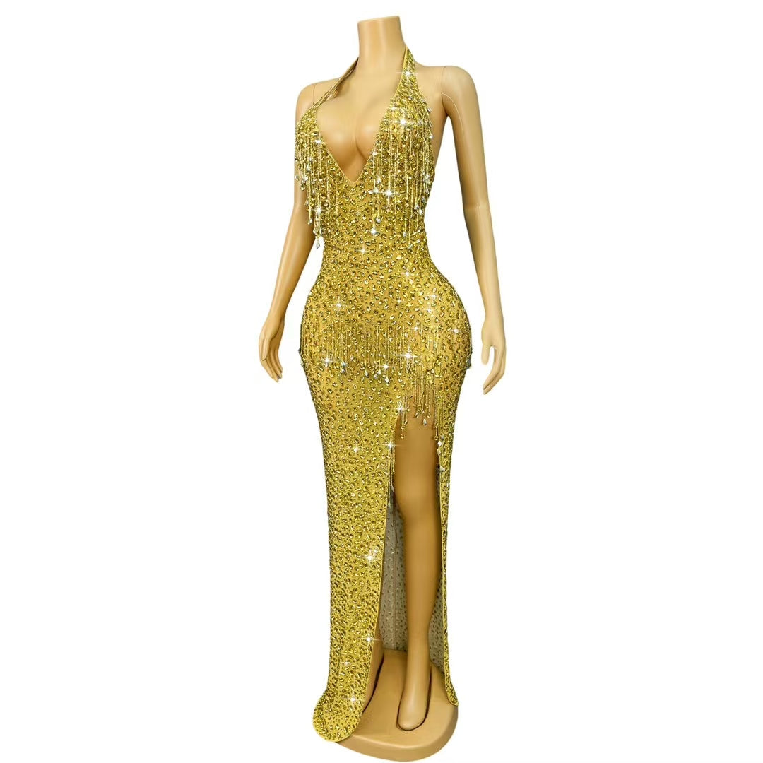 CELESINYI Wulongweibo Crystal Fringe Halter Gown