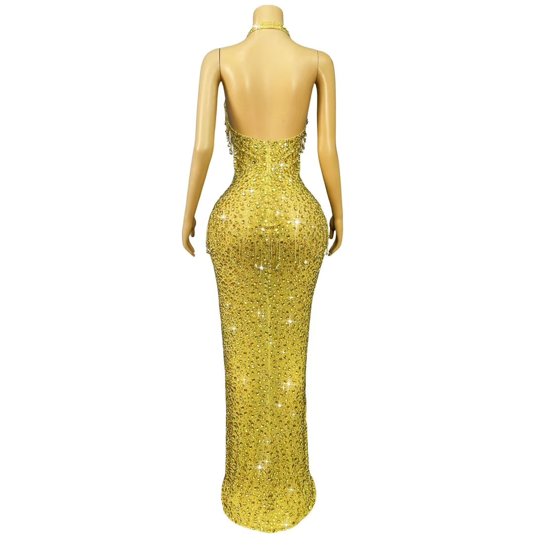CELESINYI Wulongweibo Crystal Fringe Halter Gown
