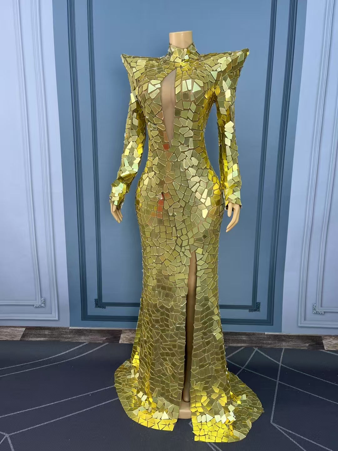 CELESINYI Baijing Crystal Gold Mirror Mermaid Gown