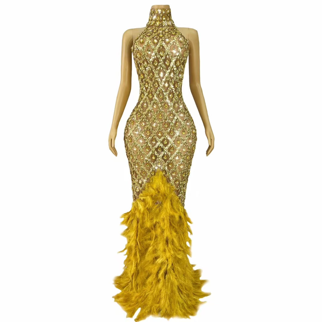 CELESINYI Shaokaojia Crystal Gem Feather Gown (Gold)