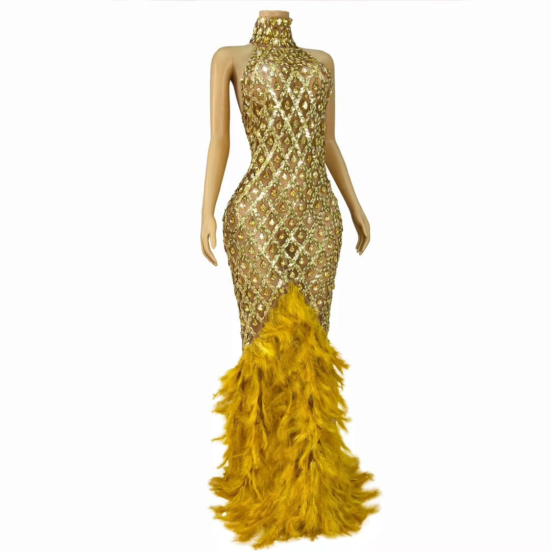 CELESINYI Shaokaojia Crystal Gem Feather Gown (Gold)