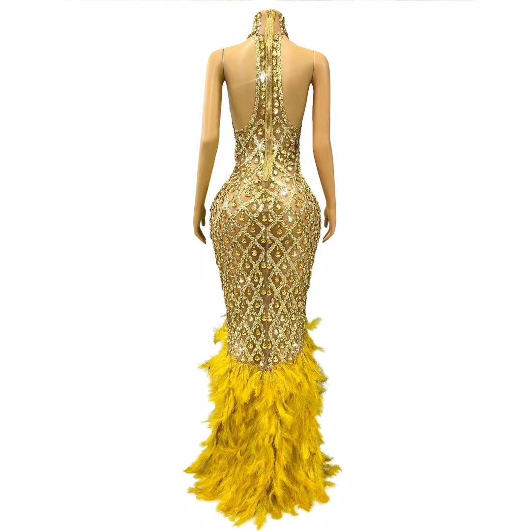 CELESINYI Shaokaojia Crystal Gem Feather Gown (Gold)